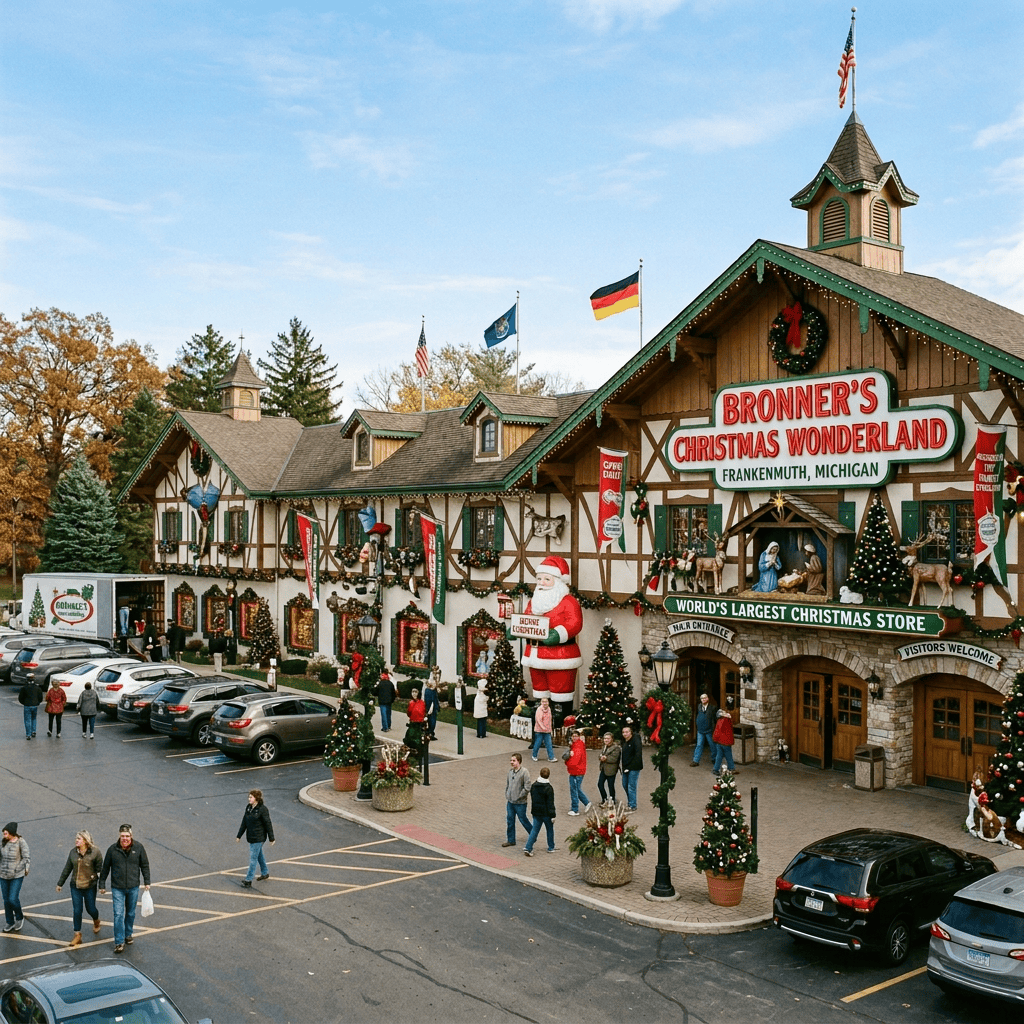 Bronner's Christmas Wonderland store exterior decorated for Christmas with people walking and parked cars outside