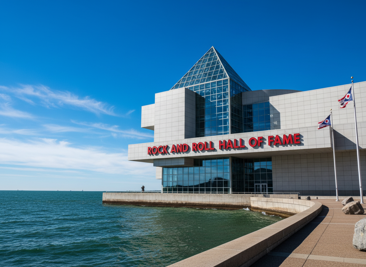 The Rock and Roll Hall of Fame building with red letters in front, on the shore of Lake Erie in Cleveland, Ohio