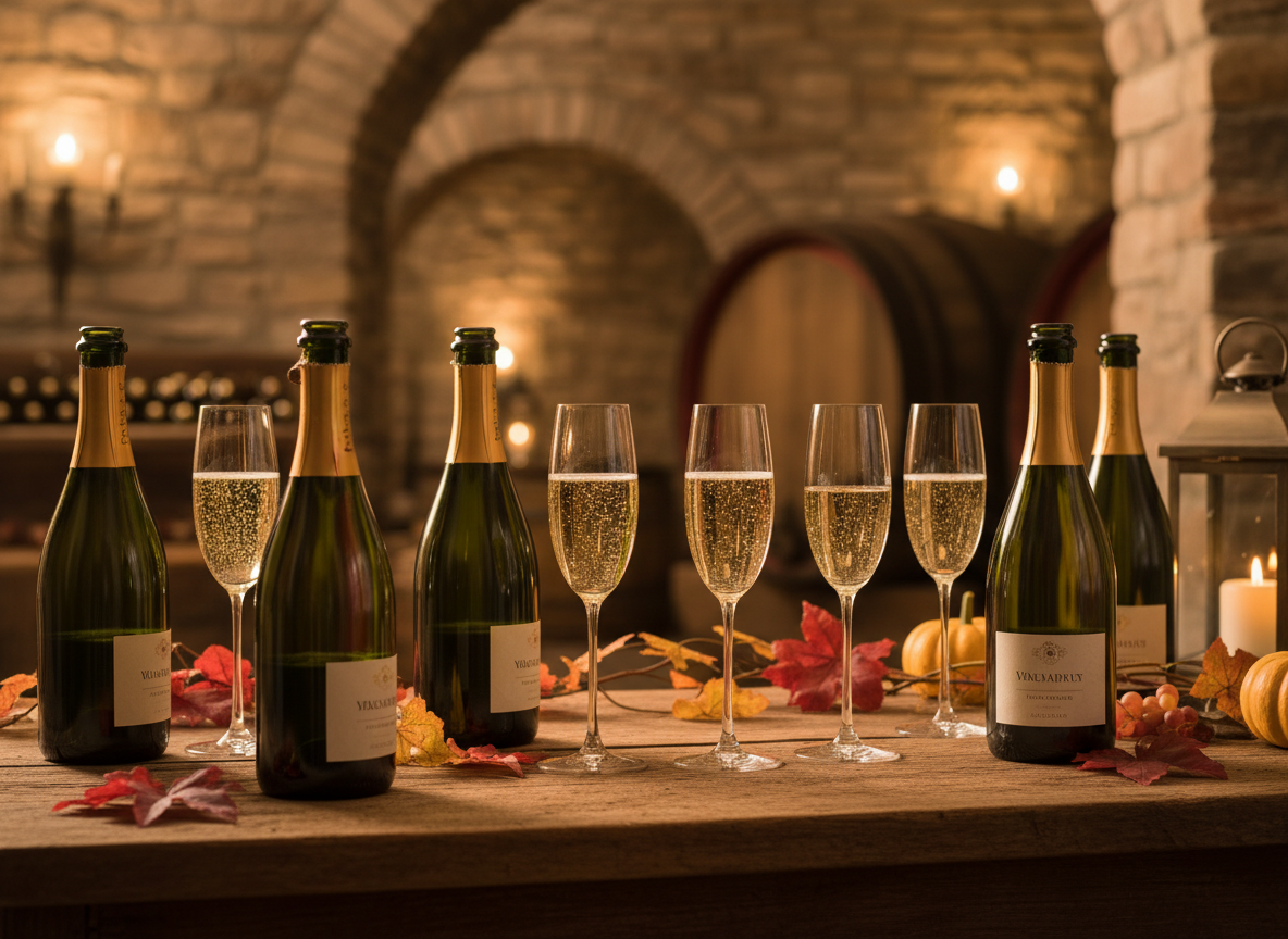 An elegant selection of sparkling wines and champagne flutes at South Shore Wine Company
