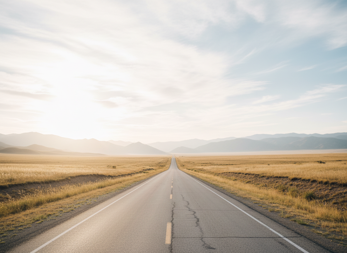 A quiet open highway stretching toward gentle rolling plains under a pale blue sky